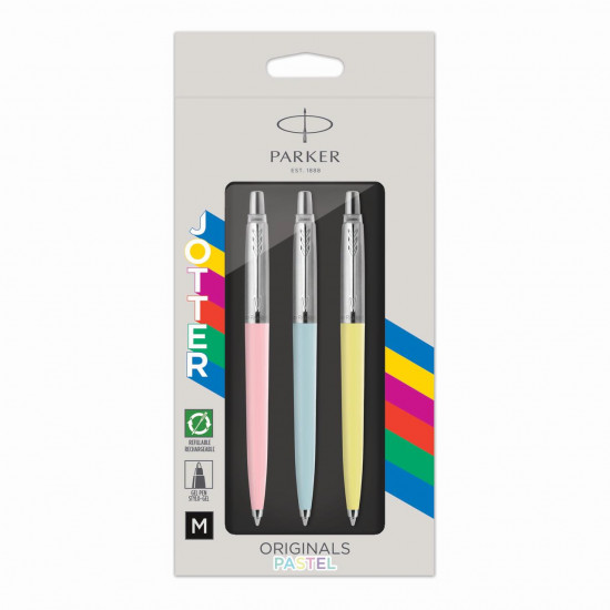 Parker Jotter Originals Ballpoint Pen Pastel Collection, Blue, Yellow & Pink 50s Finishes, Medium Point, Black Ink, 3 Count